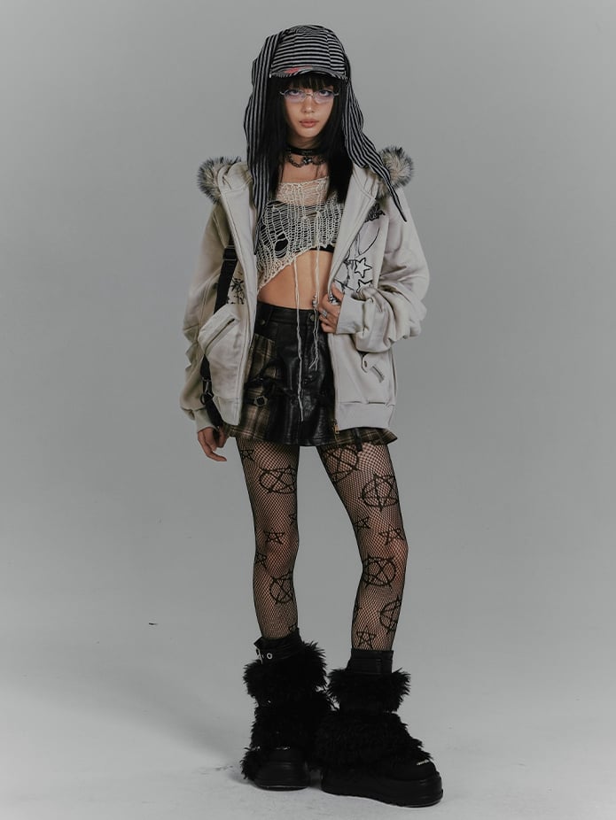 Spiderweb Zip and Punk Bunny Fleece Gray Ears Rock Print Skeleton Hoodie