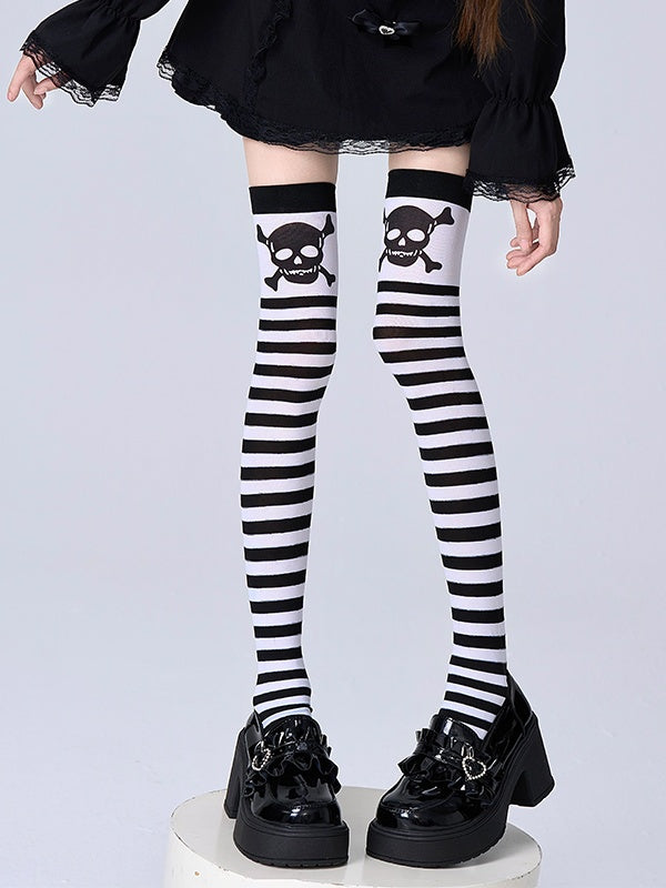 Stockings White Black Skull Pattern and Striped