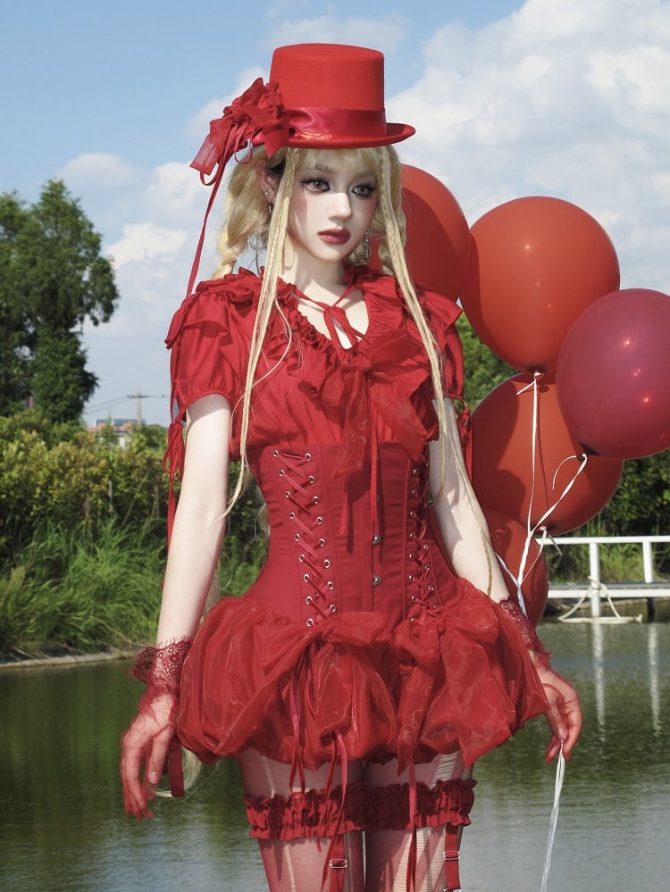 Waist Lolita Blouse Layered Ruffles Gothic Smocked Neckline Red with Elastic