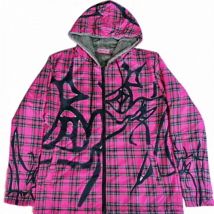 Fleece-Lined Hoodie Jacket Red Y2K Oversized Plaid Pattern Rose