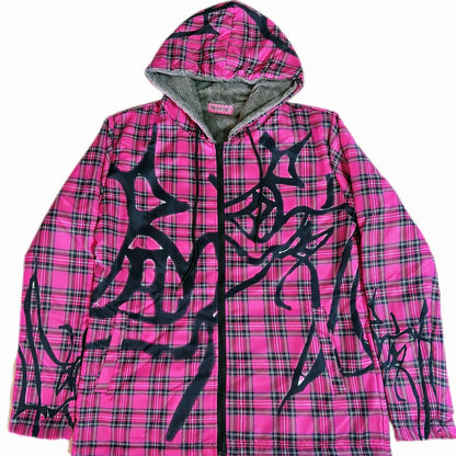 Fleece-Lined Hoodie Jacket Red Y2K Oversized Plaid Pattern Rose
