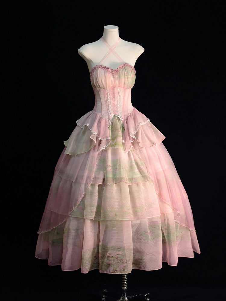 Tiered Flounce Hem Halter Boned Corset Top Pink Print Light Fairy Oil Painting