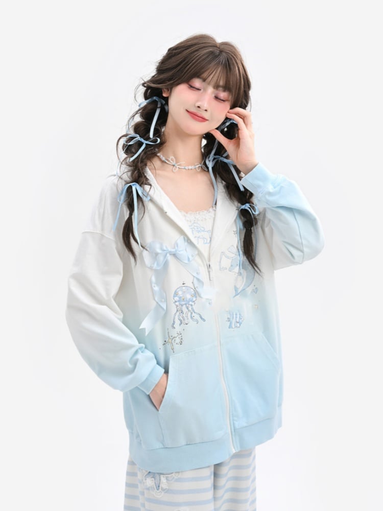 Gradient Blue & White Jellyfish and Dolphin Print Zip Closure Hoodie