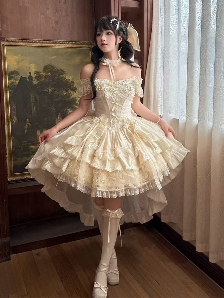 Blooming Hime Layered Lace Dress Lolita Accents Flower with Fluffy Champagne Waist Basque