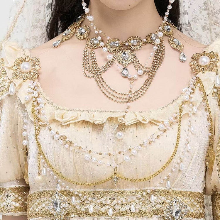 Bead White Chain Brooch / Golden Silver