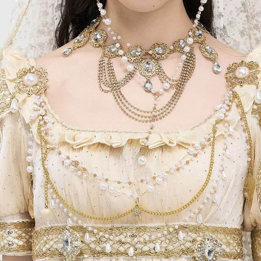 Bead White Chain Brooch / Golden Silver