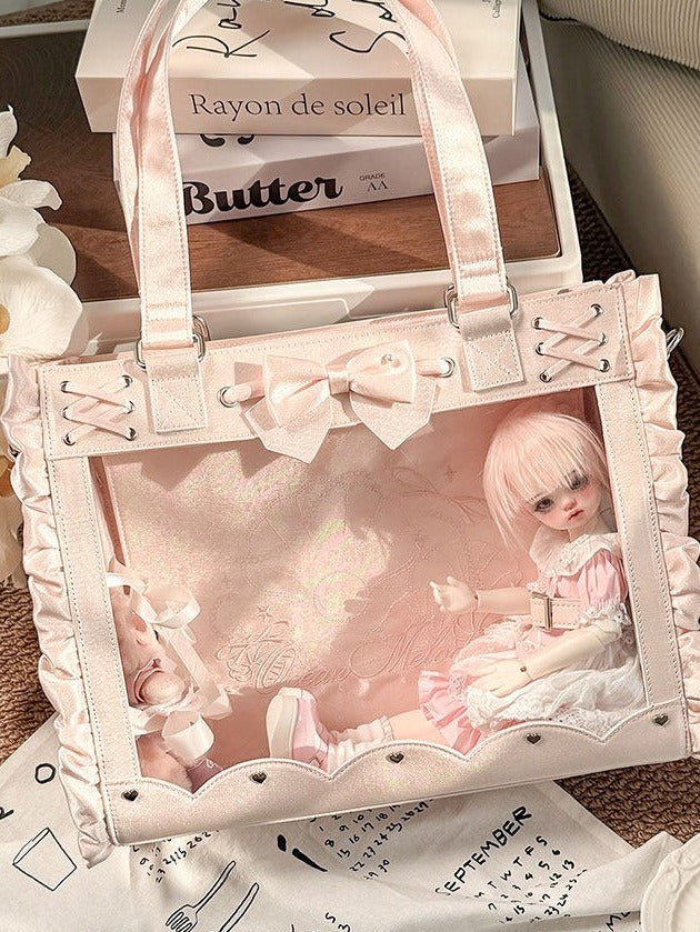 Transparent Window Bowknot Ruffled Satin Pink Bag for BJD Doll - Salt Tea