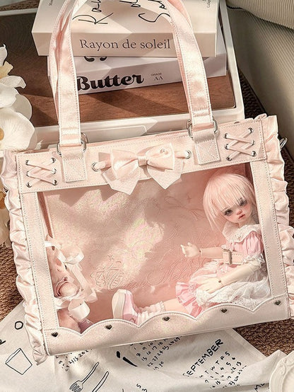 Transparent Window Bowknot Ruffled Satin Pink Bag for BJD Doll - Salt Tea
