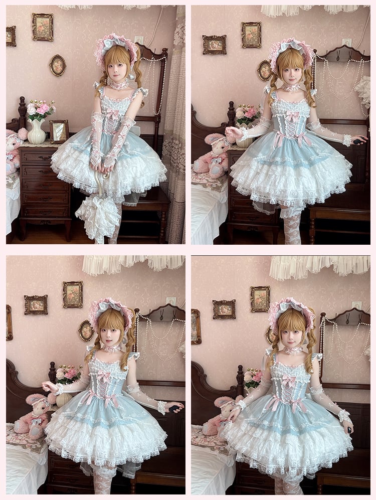 Lolita Light Sleeves Balletcore Blue Jumper Sweet Flutter Three-layered Tiered Skirt
