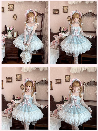 Lolita Light Sleeves Balletcore Blue Jumper Sweet Flutter Three-layered Tiered Skirt