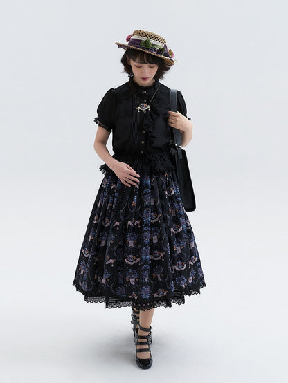 Black Purple Pansy Print Elegant Lolita Skirt