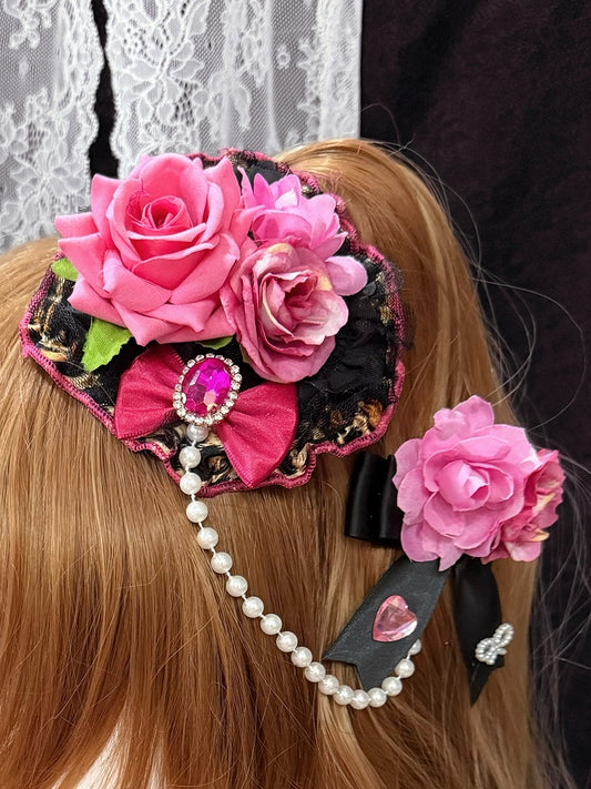 Floral BlackPink Rhinestone Chain Hairclips Two Decorated Design Bead