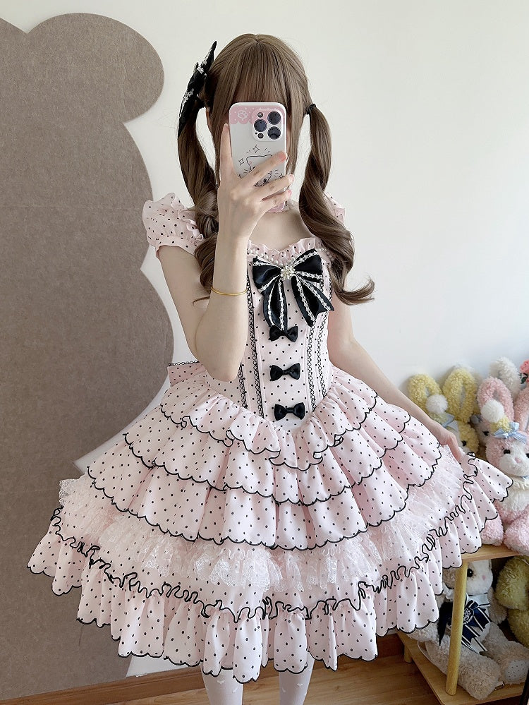 Sleeves Boned Detachable Sweet Waist Dress with Retro Polka Dots Lolita Pink Puff