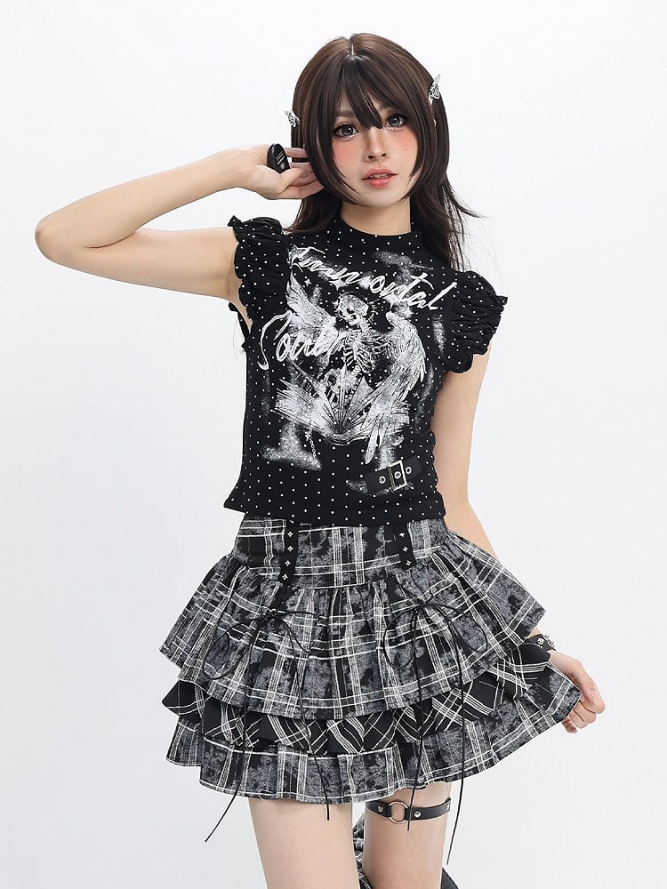 Black White Flutter Sleeve Top with Angel Skeleton Print - Catwish