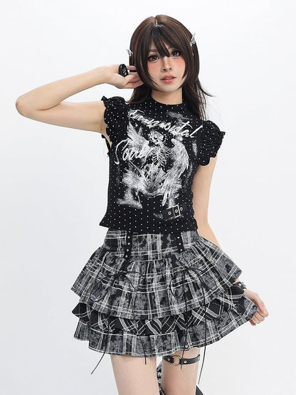 Black White Flutter Sleeve Top with Angel Skeleton Print - Catwish