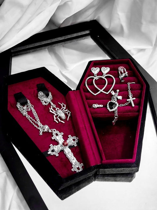 Red/ with Blue Organizer Pink/ Coffin Box Gothic Accessory Velvet Interior in Jewelry Storage
