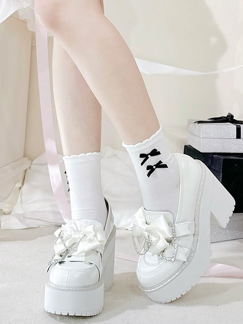 Cross Rhinestoned Kei White Chain Buckles Loafers Decorated Platform Bow Polished Jirai