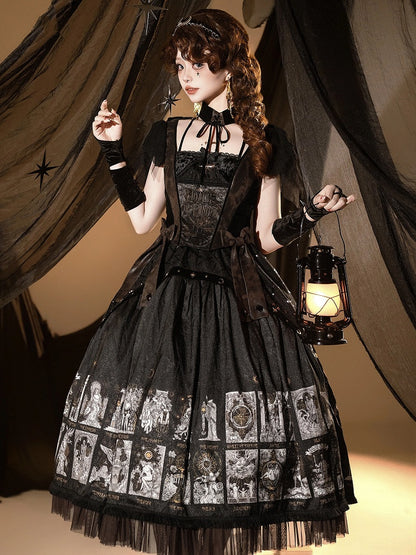 Gothic Lolita with Two-pieces Dress Detachable Tarot Hood Fake Card Print