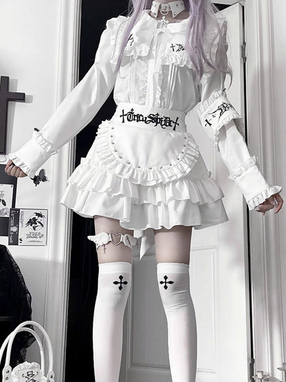 Bow Tie Lacing Long Trimmed Sleeve Gothic Topwith FrontMetal Back Ruffle Eyelet White
