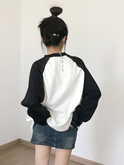 Black & White Long Sleeve Round Neck Top with Line Print - innomoood