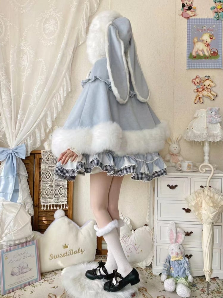 Coat with and Winter Bunny Lolita Blue Lining Sweet Ears Plush Cape