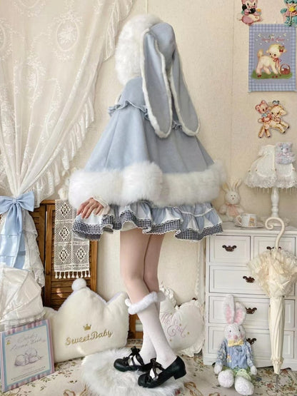 Coat with and Winter Bunny Lolita Blue Lining Sweet Ears Plush Cape