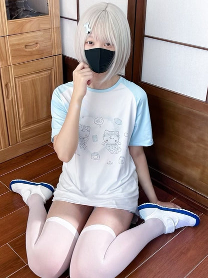 カイワイプリント ラウンドキティTシャツ 天使 ホワイトブルー ネック