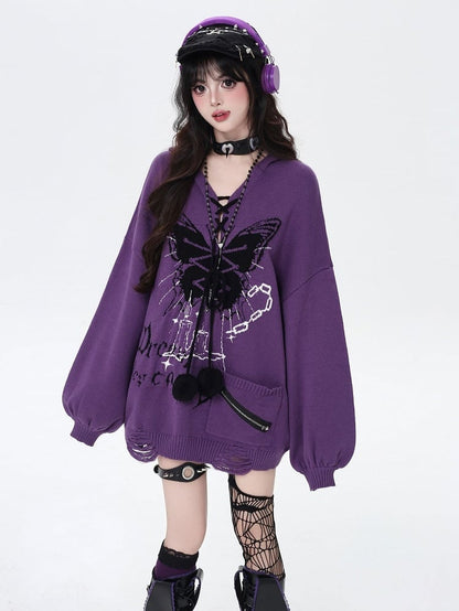 Pattern and Pom-Pom Details V-Neck Balloon Sleeve Knit Sweater with Butterfly Colors | 4