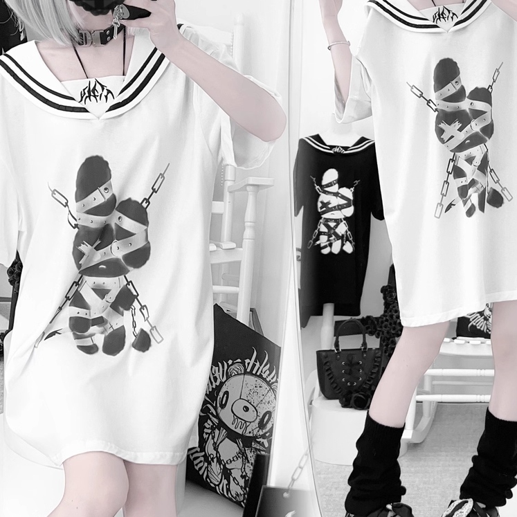 Panel Cotton Detachable White Chest Collar Embroidered Gothic Restraint Bunny Print T-shirt Sailor with