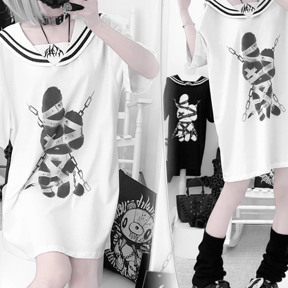 Panel Cotton Detachable White Chest Collar Embroidered Gothic Restraint Bunny Print T-shirt Sailor with