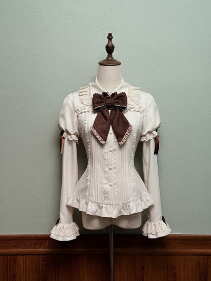 Blouse and Brown Accents Sleeves with Lace Juliette Lolita Beige Bow Trim