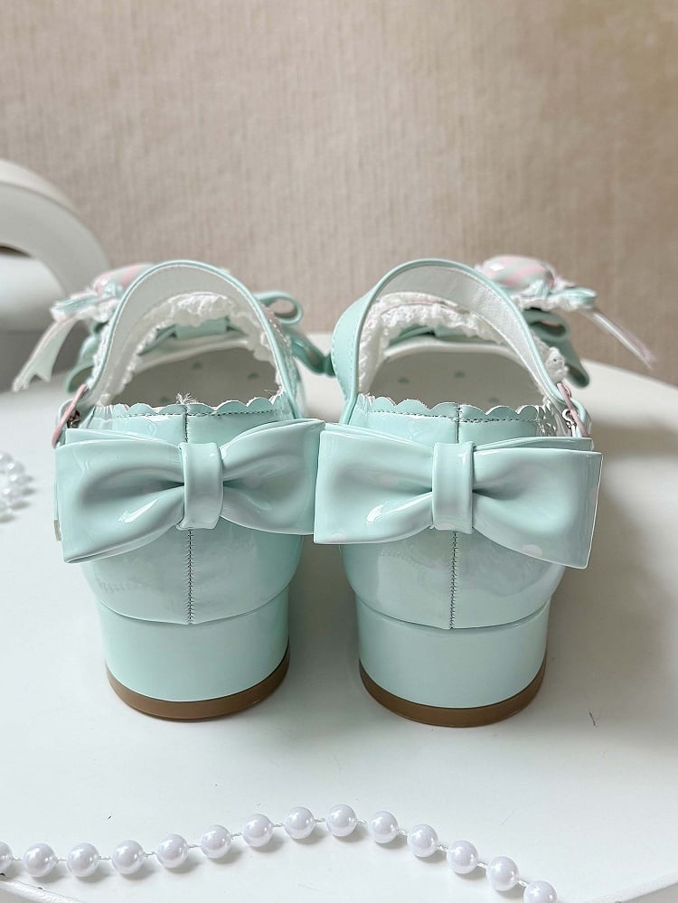 Green Leather Candy Clip PU Shoes Sweet Mint Low-heel Pink Heart with