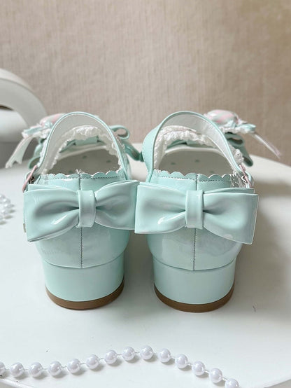 Green Leather Candy Clip PU Shoes Sweet Mint Low-heel Pink Heart with