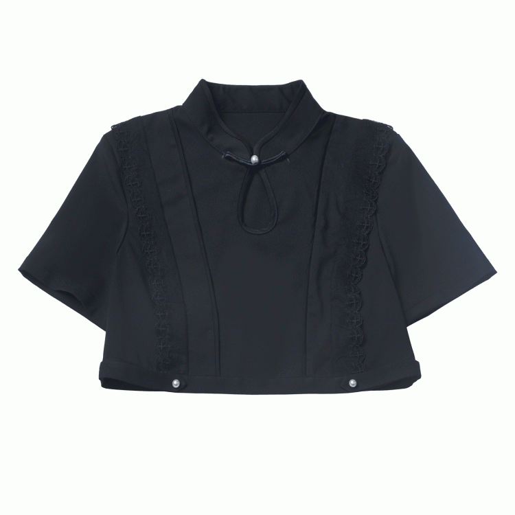 黒のチャイナドレスカラービーズディテール半袖トップス