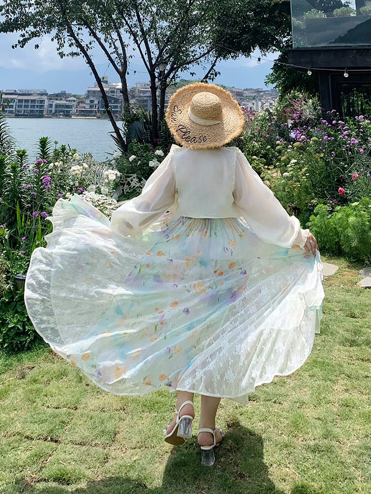 Urlaub Plus Größe Cami Kleid Spitze Patches Saum Ölgemälde Druck Weiß