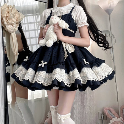 Summer Pleated Jumper Trim Ruffle Lolita and Black Skirt