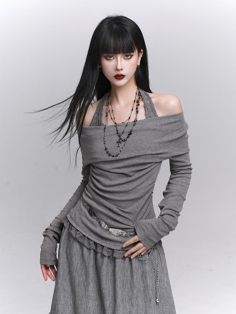 Lace Gray Two-Piece Faux Top Halter Trim with Neck Convertible Gothic Cowl