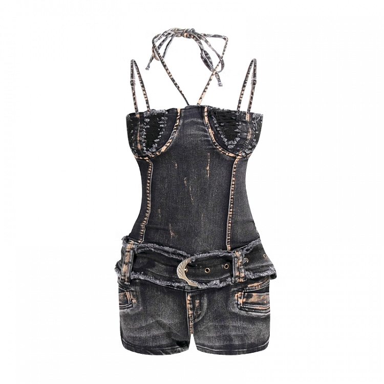 Belt Denim Bodycon Jumpsuit Black Distressed Design Buckle Y2K with