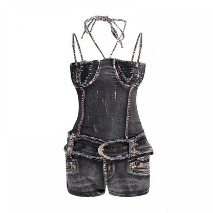 ベルトデニムボディコンジャンプスーツ ブラック ダメージデザイン バックル Y2K