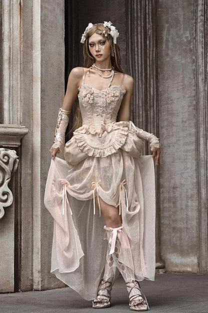 Apricot V-Neck Sleeveless High-Waisted Ruffle Lace Fishbone Corset Skirt Set