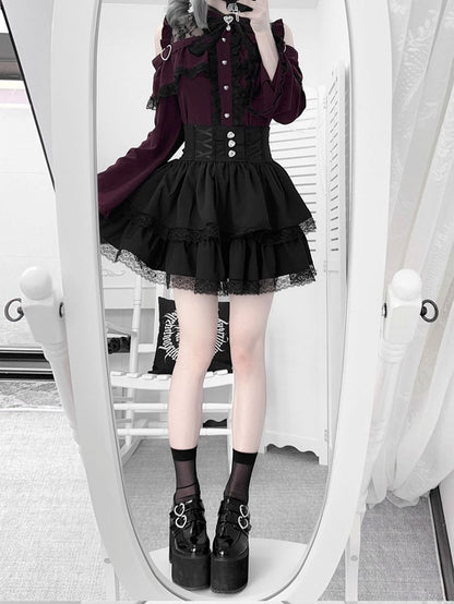 Sleeves Shoulders with Jirai Top Bell Set: Red Wine Open Kei Three-Piece