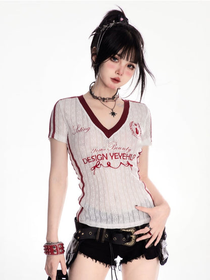 ブラック/ホワイト Vネック レター刺繍 セミシアーTシャツ