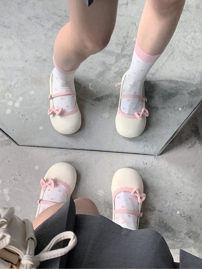 Shoes Bow Buckle Circle Lolita Beige Flat Pink with Toe Round Detachable Sweet