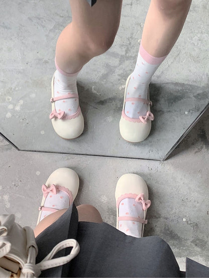 Shoes Bow Buckle Circle Lolita Beige Flat Pink with Toe Round Detachable Sweet