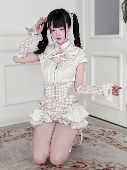 White & Pink Hollow Blouse with Plaid Skort Set - Shi Zhai Xin