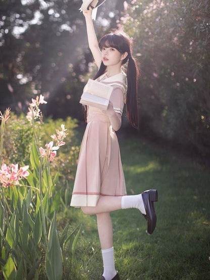 Sleeves Sweet Beige Embroidery Short Collar Sakura Top with Pink Sailor