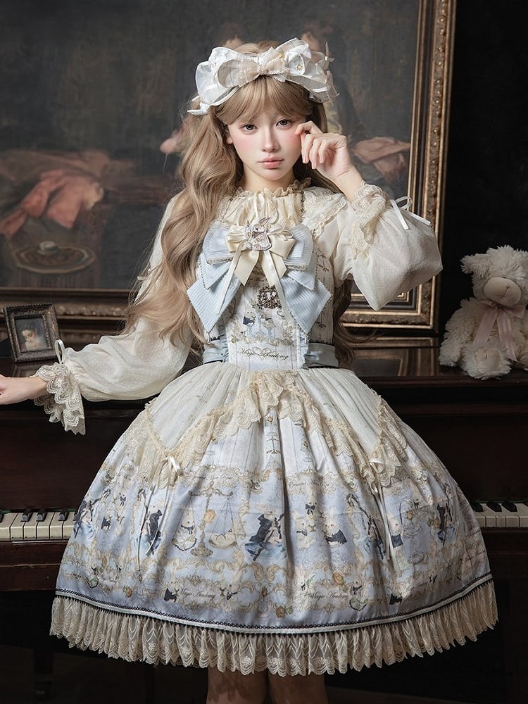 Azure Rabbit-Print Bow JSK with Lace Blouse - Stars Fall on the Foggy Island