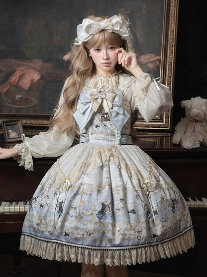Azure Rabbit-Print Bow JSK with Lace Blouse - Stars Fall on the Foggy Island