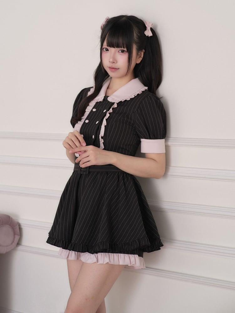 Striped Double Breasted Dress with Belt and Shorts - No Genki