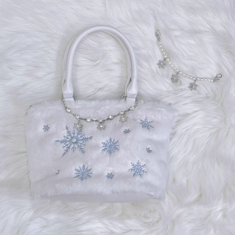 / Rhinestone Chain with Blue Tote Bag Light Beaded Chain Snowflake Embroidery Plush